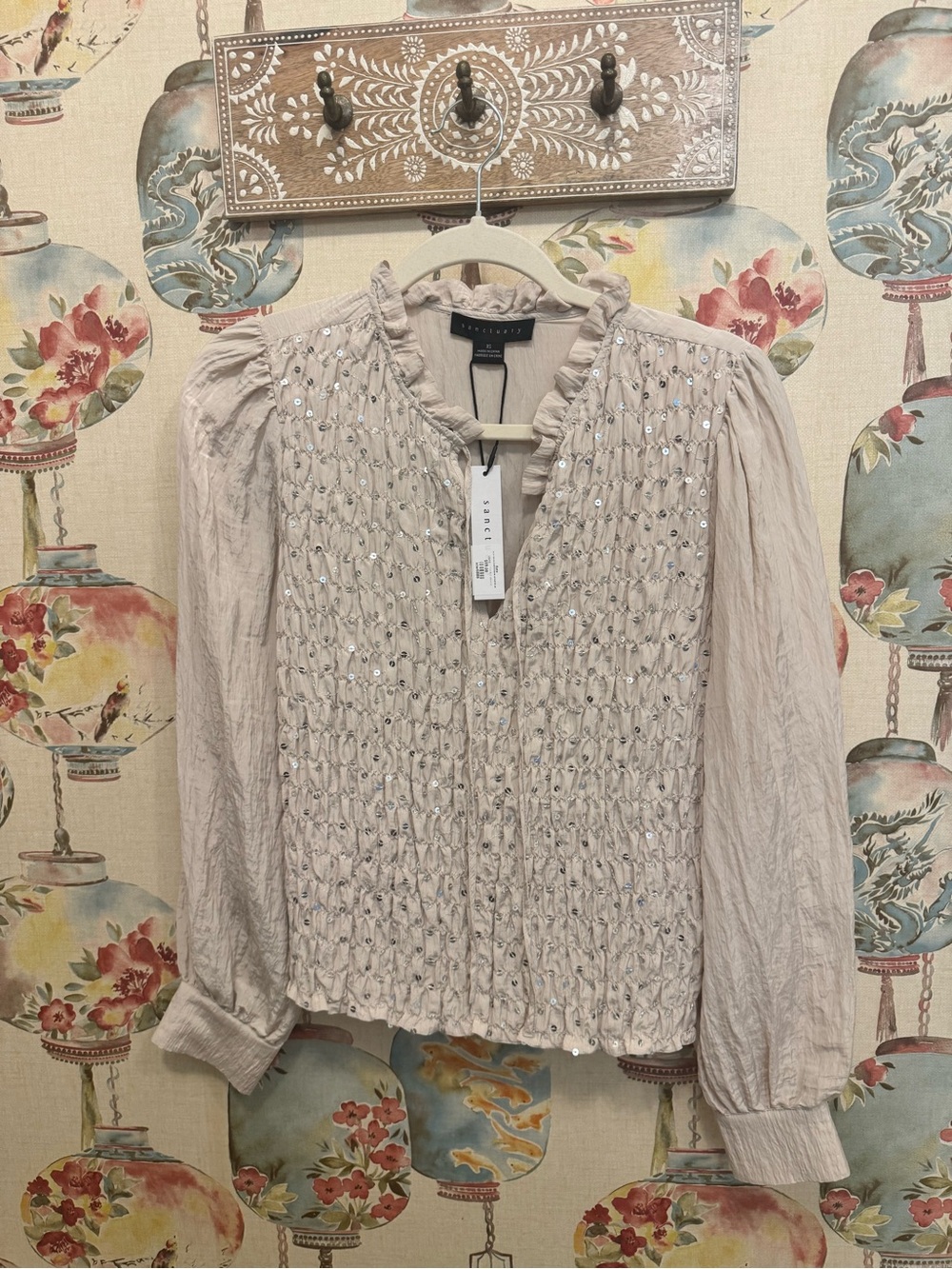 Sanctuary Almond Sequin Smocked Ruffled Blouse